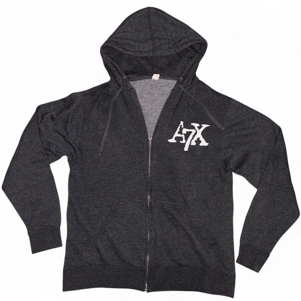 2010s emo grunge alt avenged sevenfold logo graphic zip-up hoodie, unisex sz md - Picture 4 of 6